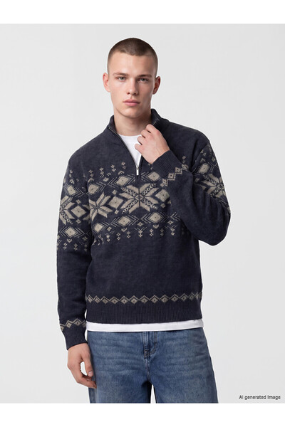 LC Waikiki Ozmarka New Season Indigo Stand Collar Men's Knitwear Sweater