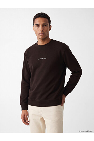 LC Waikiki Vizyon New Season Brown Crew Neck Slogan Printed Men's Sweatshirt