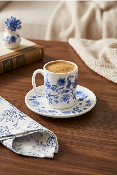 TULU PORSELEN Blue Blanc Botanic 6 Kişilik 12 Parça Kahve Fincan Seti (90cc)