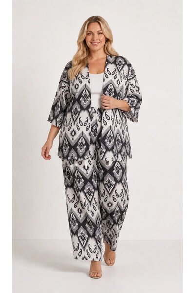 hazelin Set kimono negru cu imprimeu etnic pentru femei, mărime mare HZL26S-P...