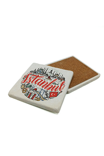 Sadrazam Istanbul Symbolic Places Printed Natural Stone Coaster 10X10 Krt-32