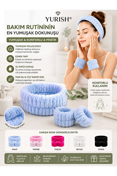 YURISH Mikrofiber Welsoft Emici Peluş Makyaj Yüz Cilt Bakımı Ve Yıkama Kol Bandı Sporcu Banyo Spa Saç Taç Bileklik
