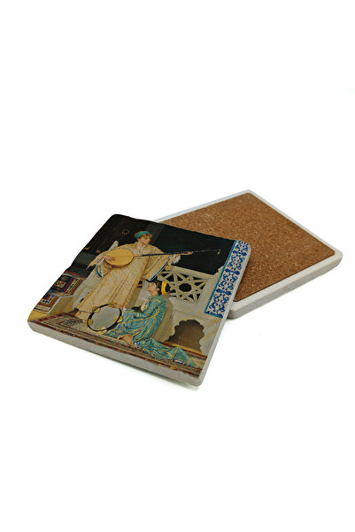 Sadrazam Two Musicians Girl Picture Printed Natural Stone Coaster 10X10 Krt-126