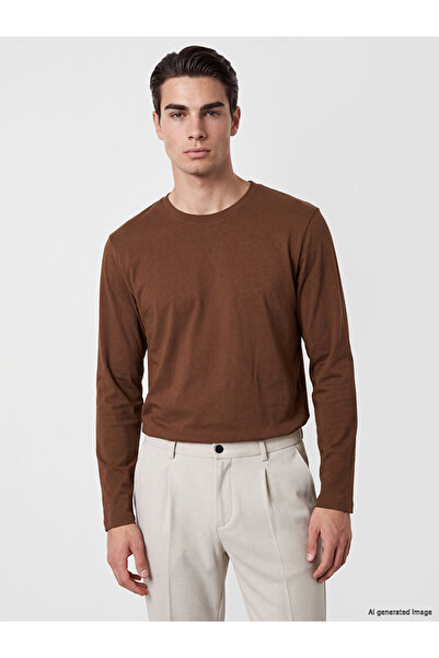 LC Waikiki Peak New Season Brown Crew Neck Long Sleeve Combed Cotton Men's T-...