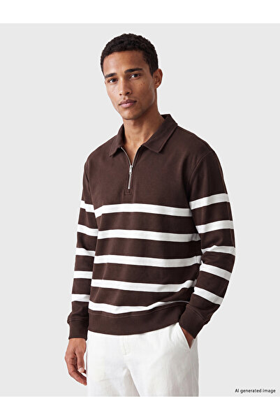 LC Waikiki Vizyon New Season Brown Polo Collar Striped Men's Sweatshirt