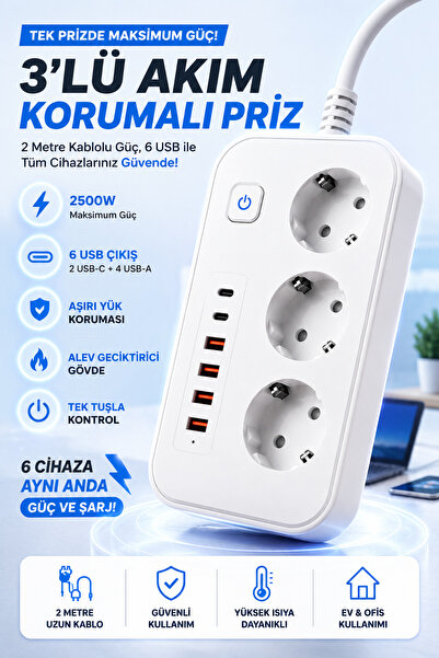 MATECHNO 3’lü Akım Korumalı Priz 2500W 10A 2 USB-C + 4 USB Şarj Çıkışlı 2 Met...