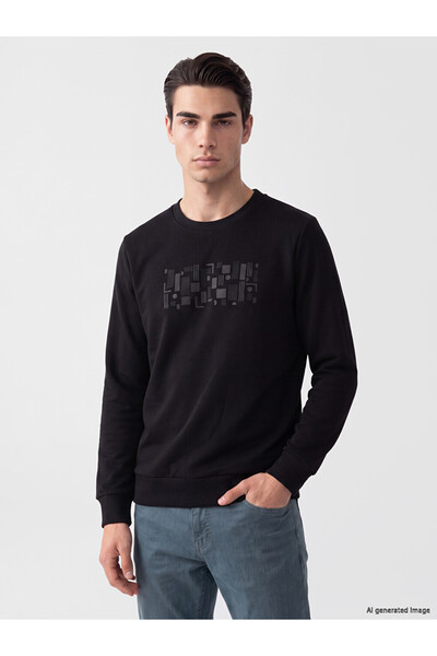 LC Waikiki Vizyon New Season Black Crew Neck Printed Men's Sweatshirt