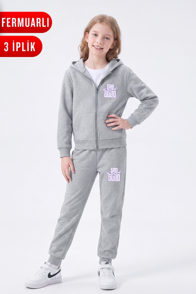 FYK KİDS 3 Thread Girls' Printed Hooded Zipper Tracksuit Set