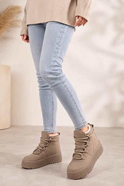 vynor atelier Women's Mink Platform Boots Thick Soled Furry Lace-Up Winter Ca...