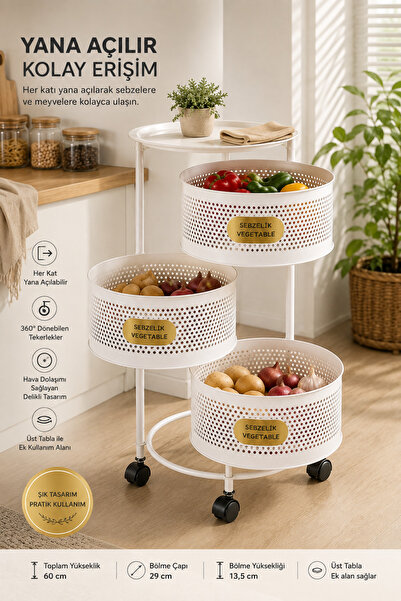 MAKRİ HOME 3 Katlı Tekerlekli Metal Patates Soğan Sepeti Sebzelik, Beyaz, Yan...