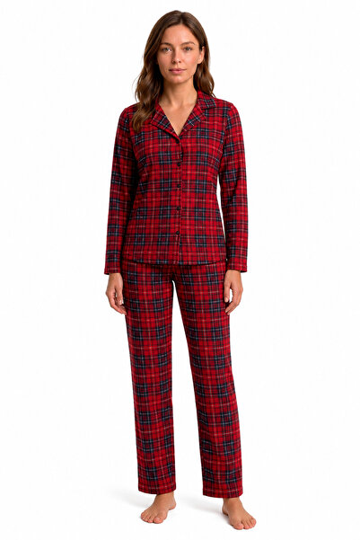 westicgiyim Women's Suede Pajama Set Red Plaid Patterned Long Sleeve Buttoned...