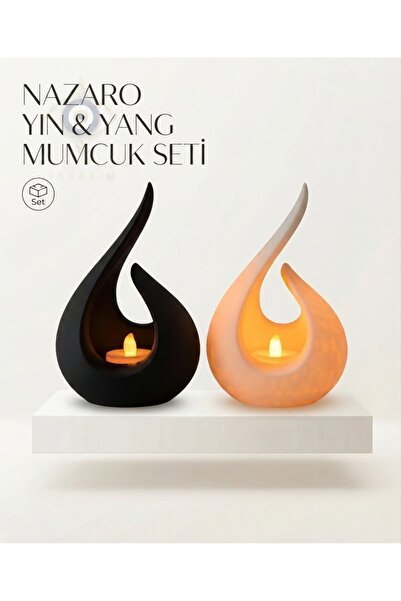 nazaro tasarım Nazaro Yin & Yang - Tasarım Mumluk & Tealight Tutucu Seti (Siy...