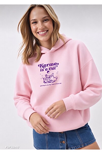 FUFLUNS Karma Is a Cat Printed Oversized Women's Hooded Sweatshirt