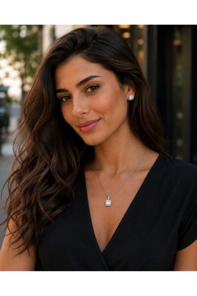 Gönülden Tasarım Steel Women's Zircon Stone Necklace Earring Set