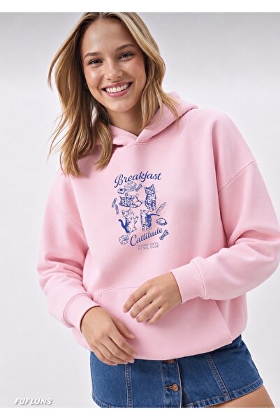 FUFLUNS Breakfast Cat Printed Oversized Women's Hooded Sweatshirt
