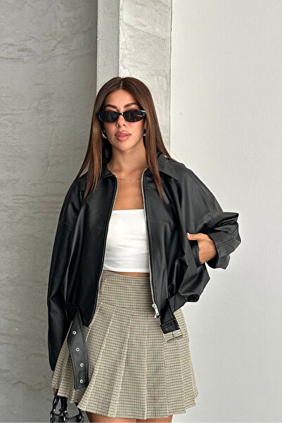 macharel jeans Kadın Astarlı Oversize Deri Ceket Mont Oversize Relax Fit, Fermuarlı Kemer Detaylı Günlük Kadın Ceket
