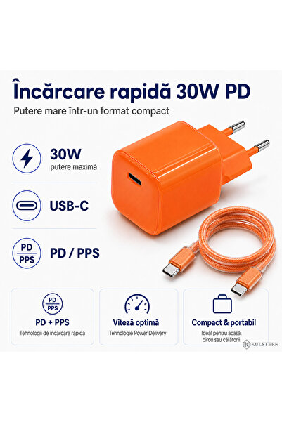Kulstern Încărcător Rapid 30W USB-C PD PPS, Compatibil Samsung Galaxy, iPhone 15/16/17, Cablu Premium Împletit 1m Inclus