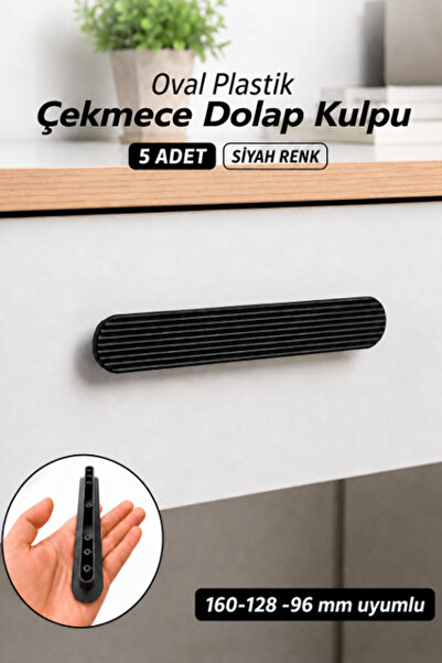 Badem10 Geniş T Oval Dolap Çekmece Kulpu 5 Adet Plastik Siyah Kulp 20 cm 160-...