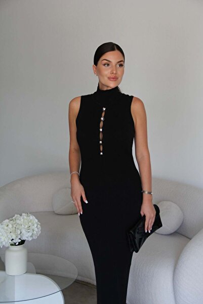 Julidress High Collar Button Detailed Ribbed Maxi Long Knit Dress