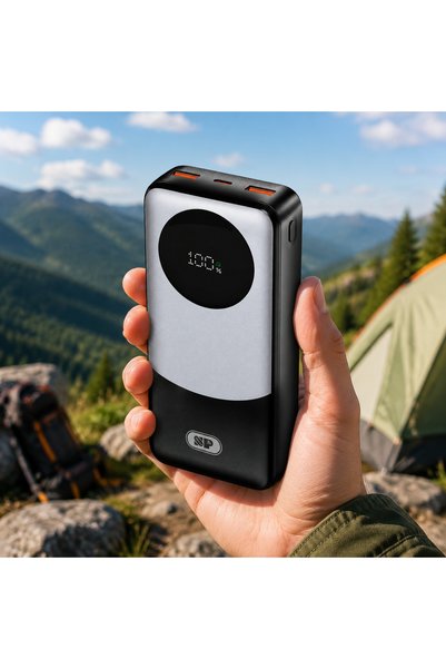 Generic Brand 20000mAh portable power bank, 22.5W fast charging, LED digital display, USB-A and USB-C output, compatible with iPhone, Samsung, iPad, etc. Suitable for outdoor use, bedroom, and office.