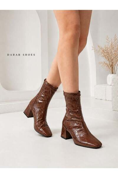 dabab shoes Janice Women's Bitter Brown Blunt Square Toe Wrinkled Patterned P...