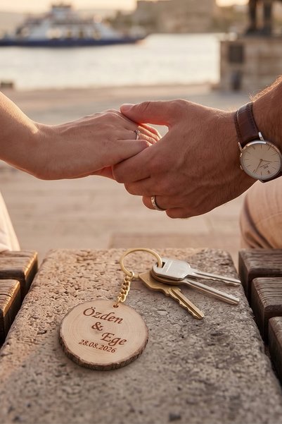 HEDİYELİKS Kişiye Özel İsimli ve Tarihli 10 Adet Doğal Ahşap Kütük Anahtarlık - Nikah, Nişan ve Söz Hediyeliği