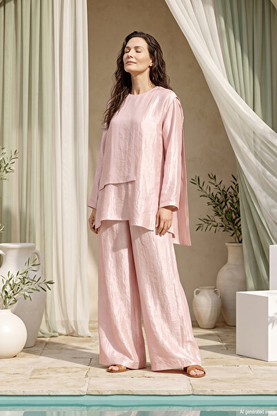Ceremony Blouse with Front Piece and Wide Leg Trousers Nile Set 965 Pink