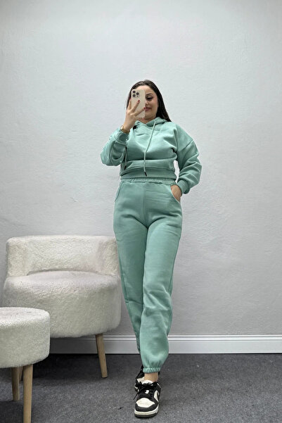 BELENDİR Women's Three Thread Crop Tracksuit Set Çağla