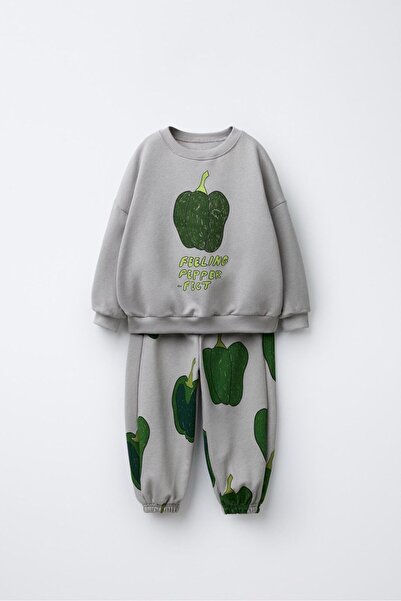 Magu Children's Printed Gray Sweatshirt and Sweatpants Set