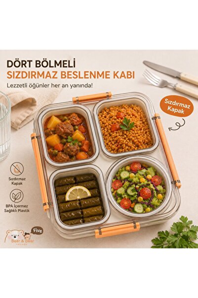 MUZEKO Sosluklu 4 Bölmeli Gıdaya Uygun Plastik Yemek Kabı Sızdırmaz Kapaklı T...