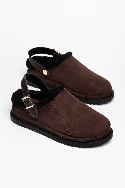 trendyes Women's Tan Fur Suede Clog Slippers with Buckle Detail, Warm and Com...