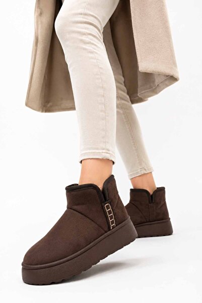 vynor atelier Women's Brown Fur Suede Boots Thick Platform Sole Short Ankle W...