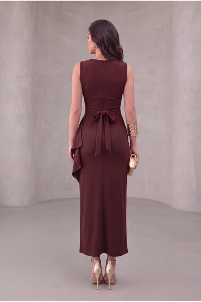 ALFUDO Moda Collection Kruvaze Yaka Kadın Volanlı Yırtmaçlı Kare Taş Kemerli Kahve Düğün ve Nişan Abiye Elbise