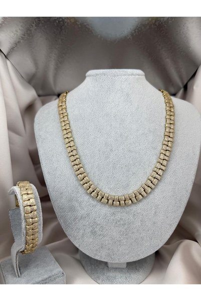 ZS Aksesuar Kadın Gold Renk Zirkon Taşlı Geometrik Zincir Kolye ve Bileklik T...