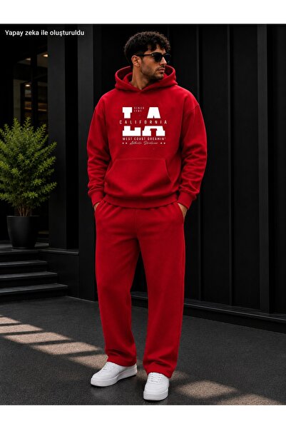caddekombin Men's La California West Coast Printed Tracksuit Set / Hooded Kan...