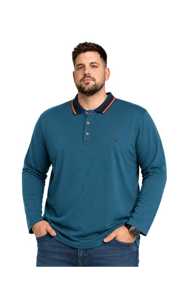 BattalModa Men's Large Size Petrol Fs 100% Cotton Polo Collar Long Sleeve T-S...