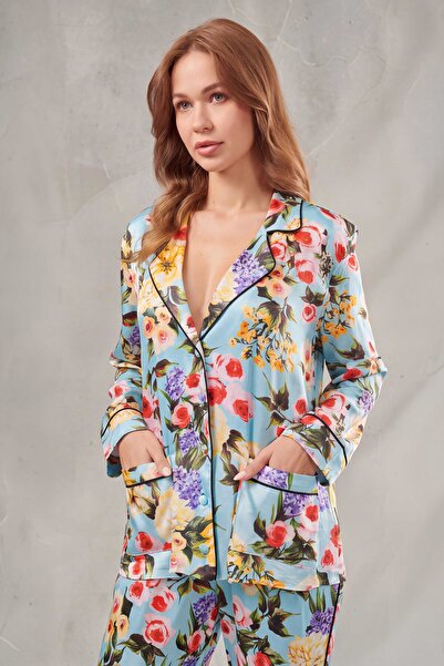 DAWN LİNE Women's Blue Colorful Floral Satin Long Pajama Set for Honeymoon Fr...
