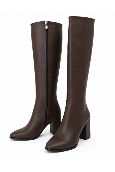 RoseVeno Pointed Toe Thick Heeled Side Zipper Below the Knee Women's Brown Leather Boots
