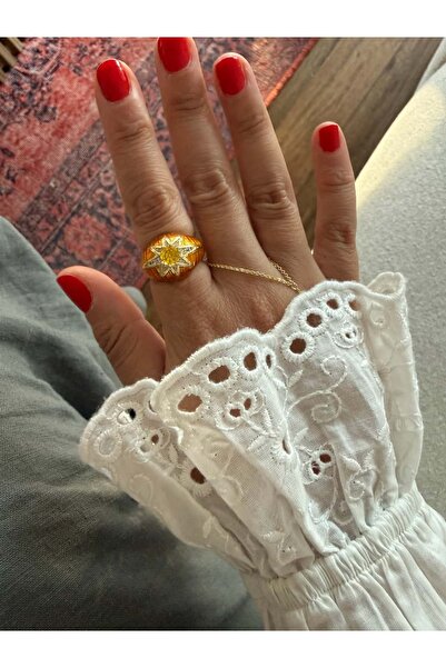My Joyas Design 14K Altın Kaplama Turuncu Mineli Kuzey Yıldızı Yüzük