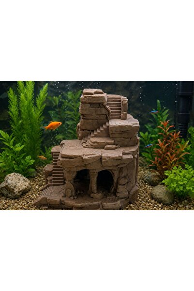 Fitline Büyük Harabe Akvaryum Dekoru 17x17cm – Merdivenli Mağaralı Balık Sığı...