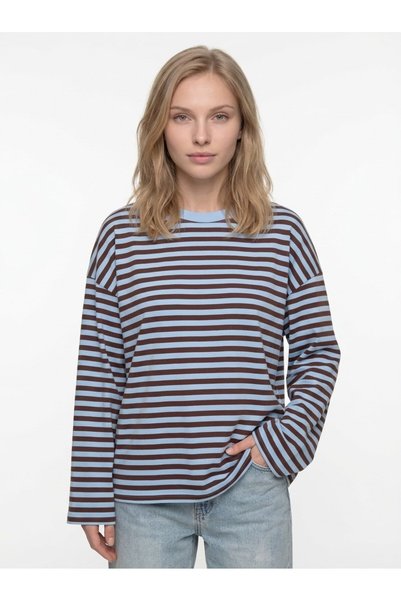 Cupla Tricou cu mânecă lungă, supradimensionat, cu dungi, pentru femei, maro, albastru deschis