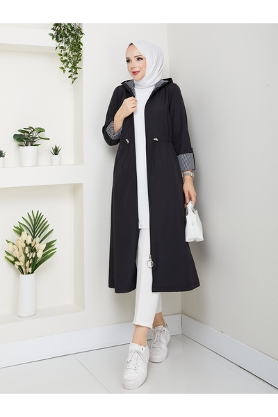 MEHDENEFE Striped Bondit Fabric Hijab Trench Coat Mde1205010