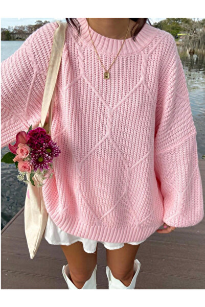 SAYZEN YOUR SHİNE Oversized Women's Sweater with Cable Knit and Crew Neck