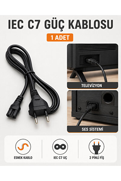 Bigohobi IEC C7 Güç Kablosu – 2 Pinli Priz Fişli Televizyon ve Teyp, Ses Sist...