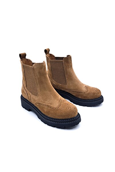 RACHELMILANO Genuine Suede Leather Camel Color Elastic Chelsea Women's Boots