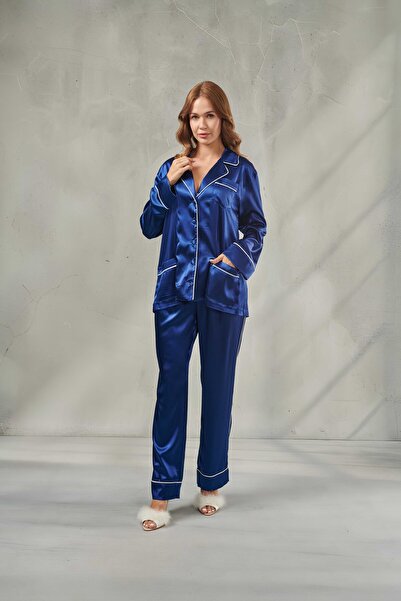 DAWN LİNE Women's Solid Color Dowry Satin Long Pajama Set Peony & Buttoned Ni...