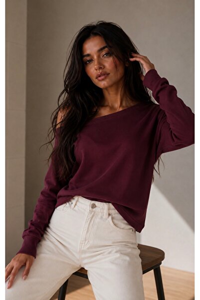 Be Best Women's Burgundy Boat Neck One Shoulder Sweatshirt Be498