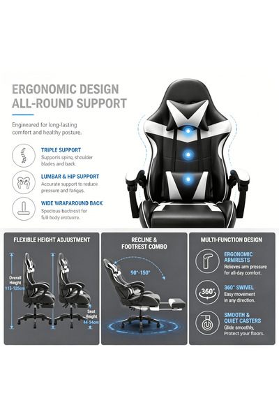 SCHENKERO Black & White Ergonomic Gaming Chair with Footrest, Adjustable Height 112-122cm, Full Body Support Comfortable Racing Chair