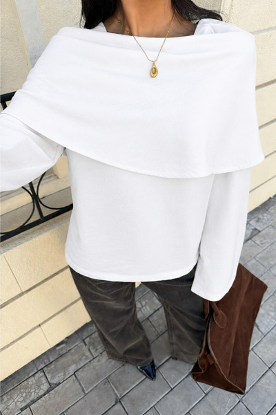 Tarz Cool Women's Crew Neck Long Sleeve Lycra T-Shirt with Cape Detail