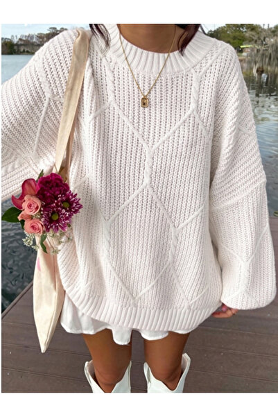 SAYZEN YOUR SHİNE Pulover oversize pentru femei, tricotat, cu guler rotund, s...
